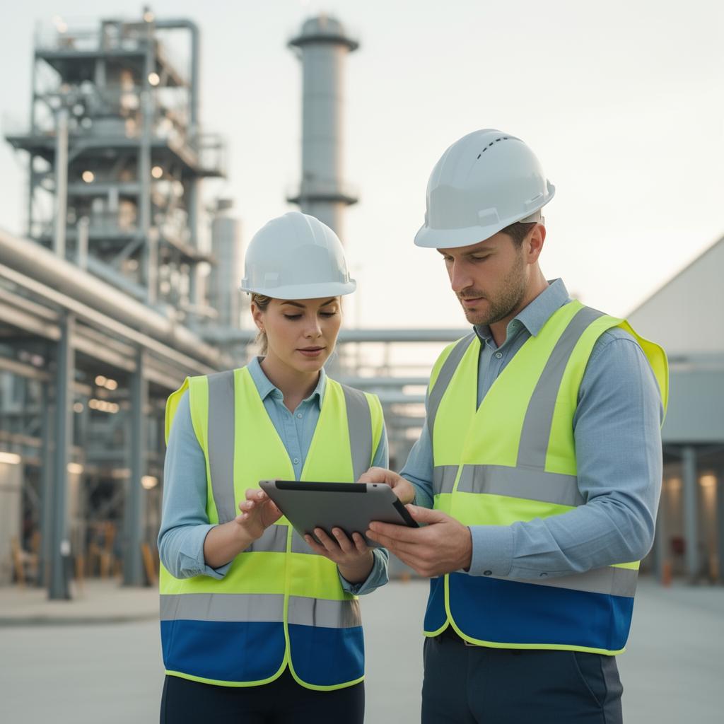 Two mining engineers reviewing MineStream data on a tablet at a processing plant